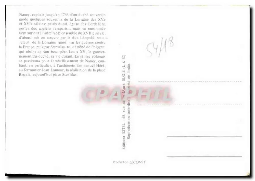Nancy — Carta postal turística com mapa e fotos — Edições ESTEL - Verso