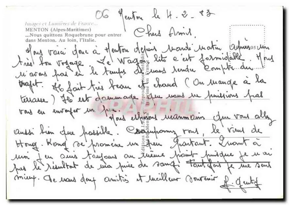 Menton — Blick auf die Rue des Collines mit dem Hafen und den Bergen — Éditions I.L.K. Images et Lumières de France - Rückseite