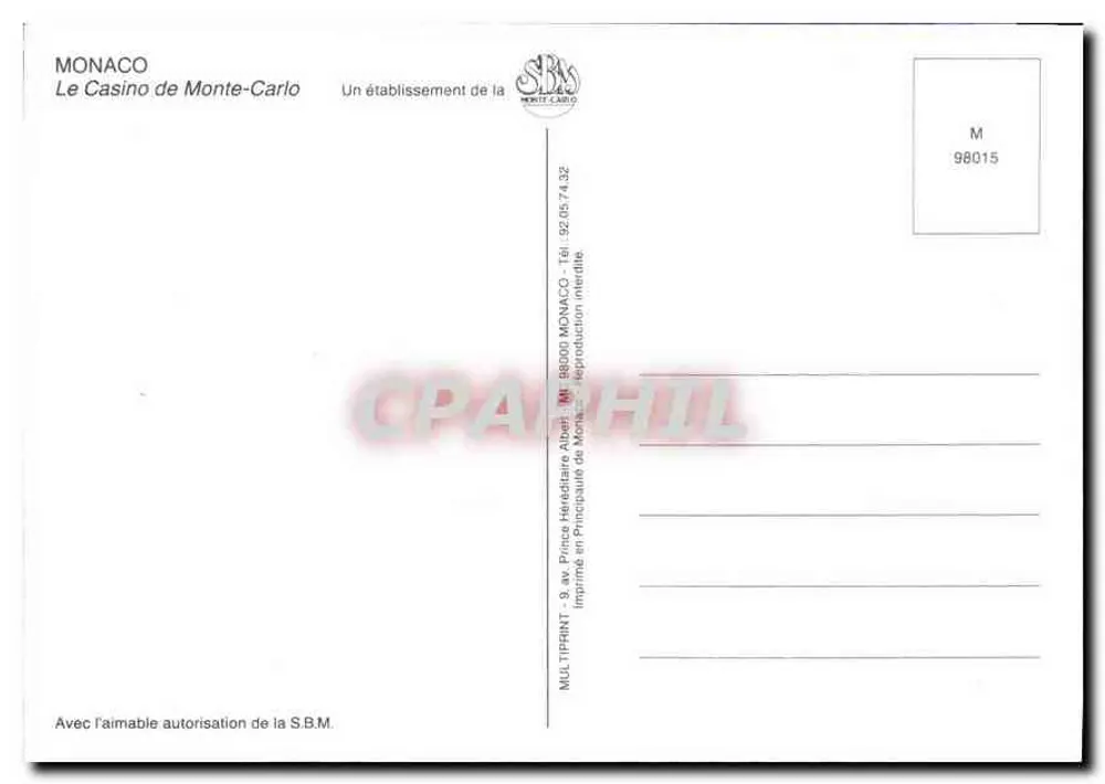 Principado de Mônaco — A Casa de Cassino de Monte-Carlo — editor MULTIPRINT, n° 98015 - Verso