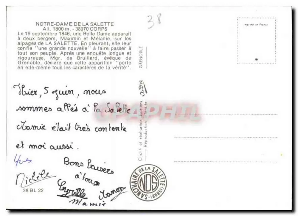 Nossa Senhora de La Salette — aparição de 1846 — editor Cliché de La Salette - Verso