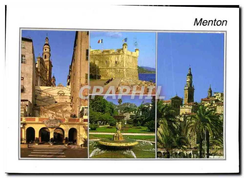 Menton — vista tripla da cidade, da fortaleza e da catedral — Fotos L.-P. Soumier - Frente