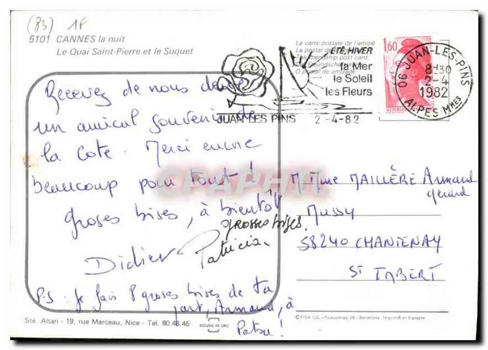 Cannes in der Nacht — Quai Saint-Pierre und der Suquet — Verlag: Sté. Altari, Nice - Rückseite