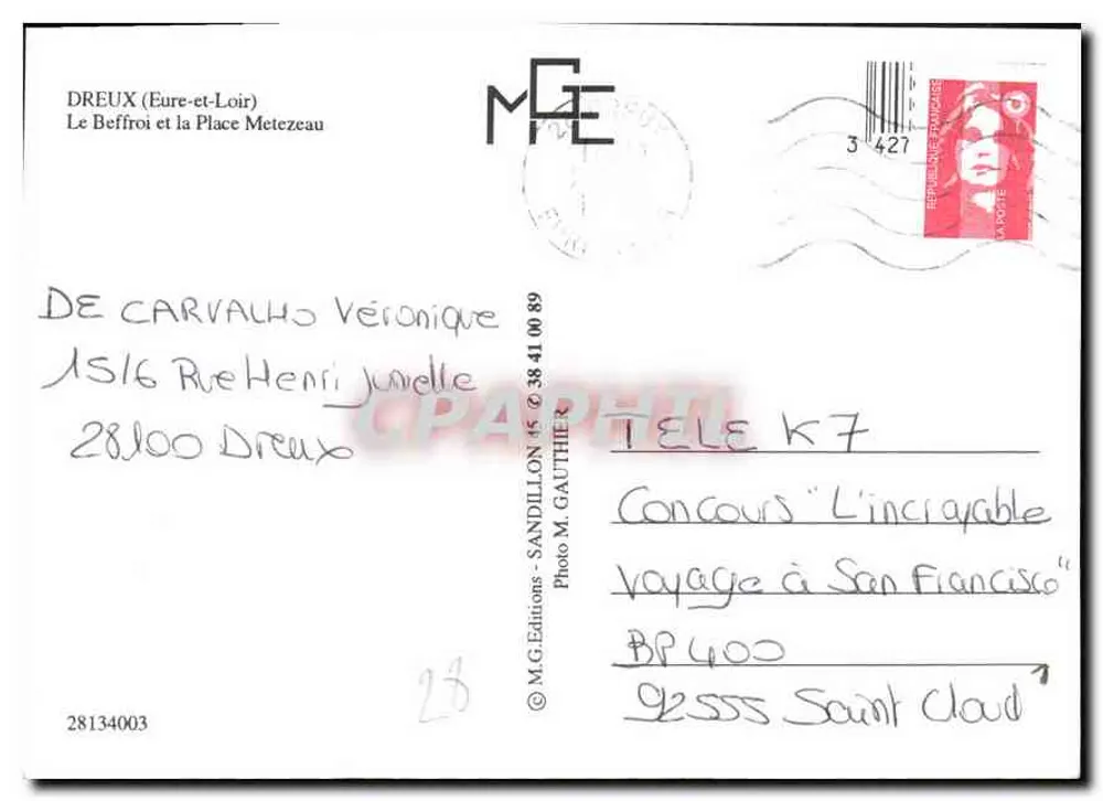 Dreux — Place du Beffroi und die Uhrturm — M.G. Éditions, n°28134003 - Rückseite