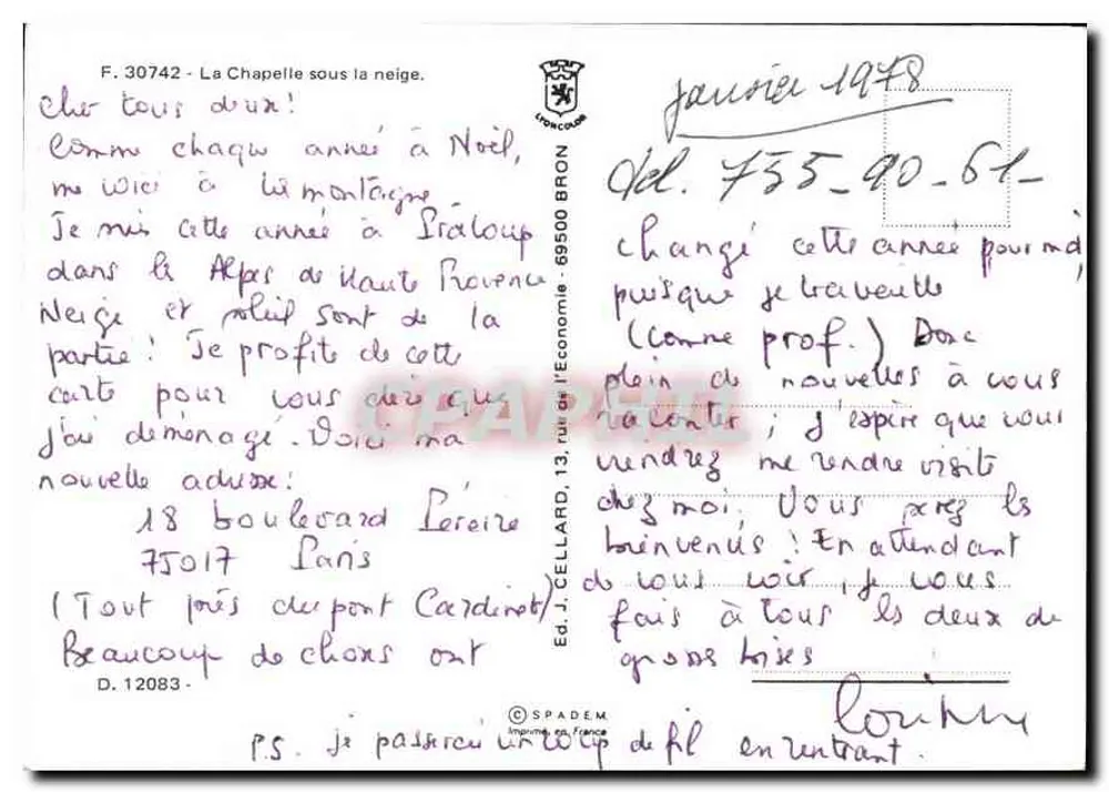 La Chapelle pod śniegiem — F. 30742 — Wyd. J. CELLARD, 69500 Bron - Rewers