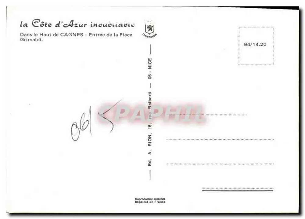 Eingang zur Place Grimaldi — Cagnes-sur-Mer — Verlag A. Rion - Rückseite