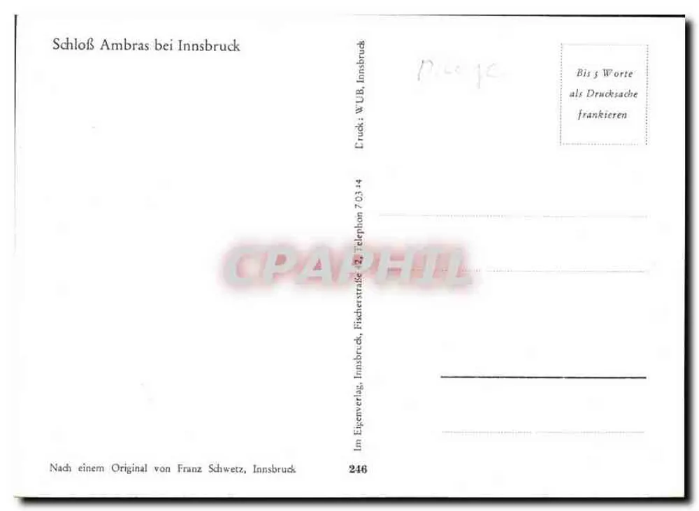 इंसब्रुक के पास श्लॉस अम्ब्रास — फ्रांज श्वेट्ज के मूल के अनुसार प्रतिकृति — एडिटर W. U.B. इंसब्रुक, संख्या 246 - पीछे