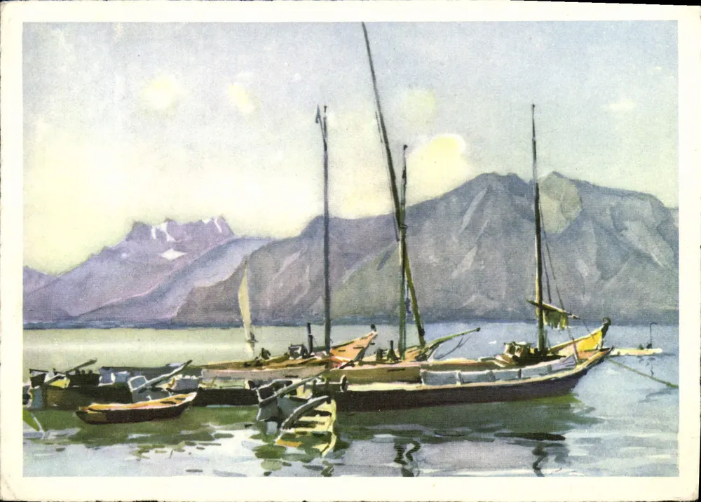 Lago Léman — barcos e montanhas nevadas — editor não visível - Frente
