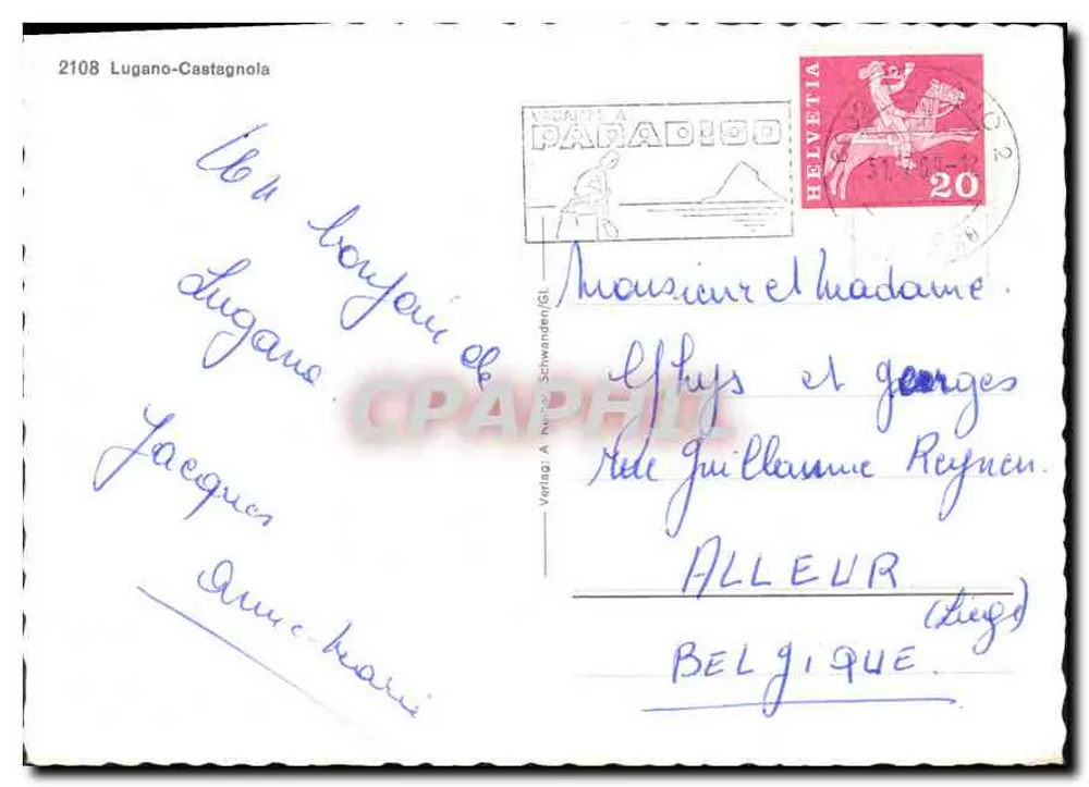 Vista do lago de Lugano — Lugano-Castagnola — editor desconhecido, n° 2108 - Verso