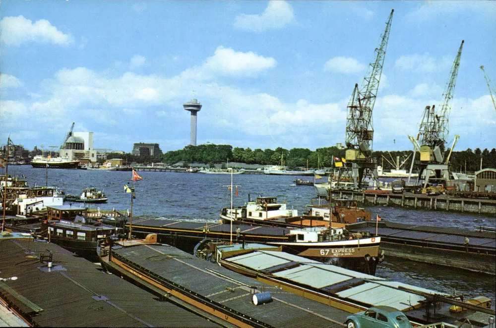 Ansicht des Hafens von Rotterdam — Turm Euromast und Hafenkranke — euro color cards 7301 - Vorderseite