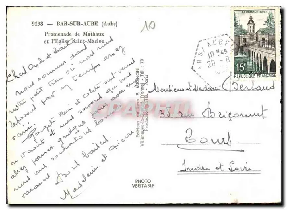 Bar-sur-Aube — Promenade de Mathaux et l'Église Saint-Maclou — Éditions de Luxe E. MIGNON - Rückseite