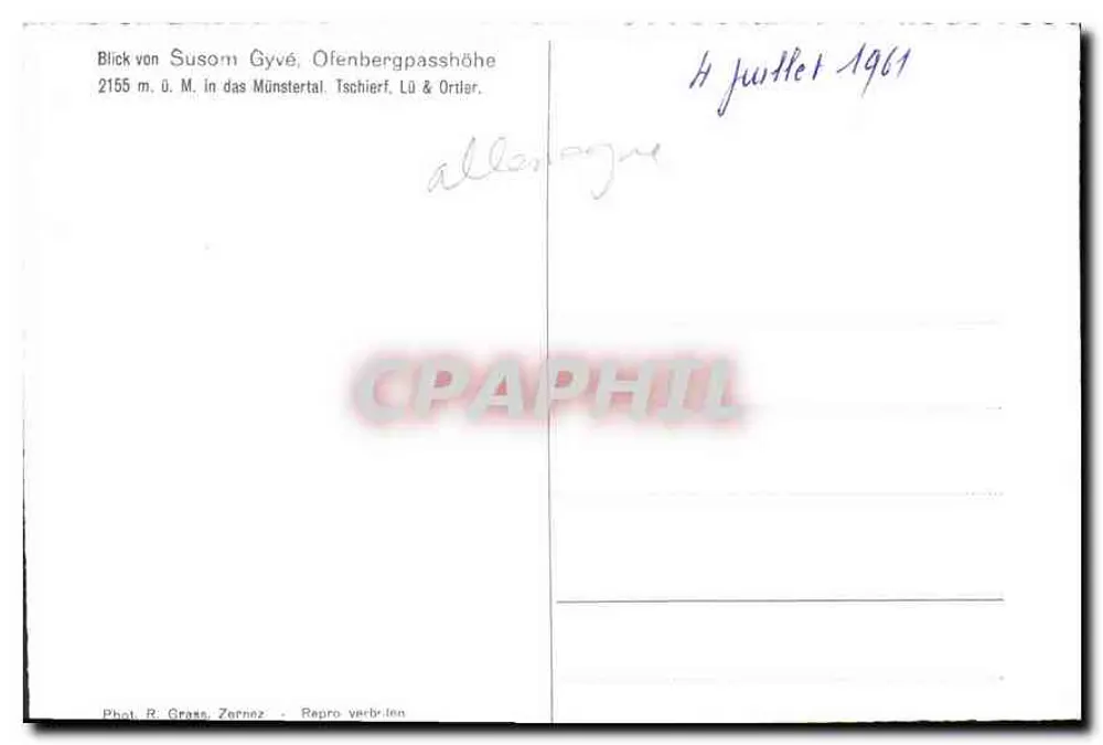 Ansicht von Susom Gyvé, Oufenbergpasshöhe — 2155 m, im Münstertal, Tschierf, LÜ & Ortler — Foto von R. Grass, Zernez - Rückseite