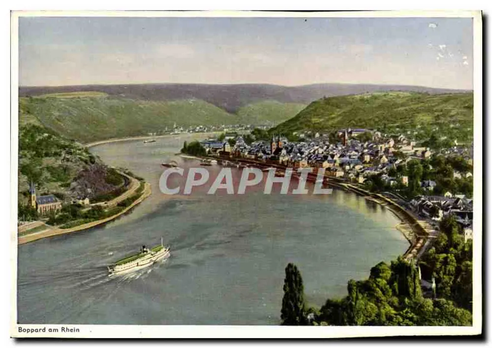 Boppard am Rhein — vista panorâmica do vilarejo e do rio — D.-Verlag, Köln - Frente