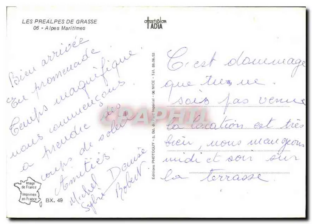 Préalpes de Grasse — Carta postal ilustrada com mapa e fotos de locais — Edições Oiset Color Adia - Verso