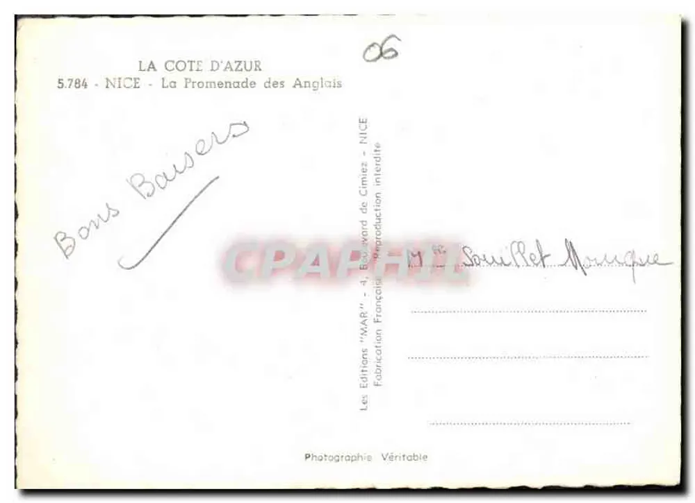 Nice — A Promenade dos Ingleses — Edições 'MAP' — N° 5.784 - Verso