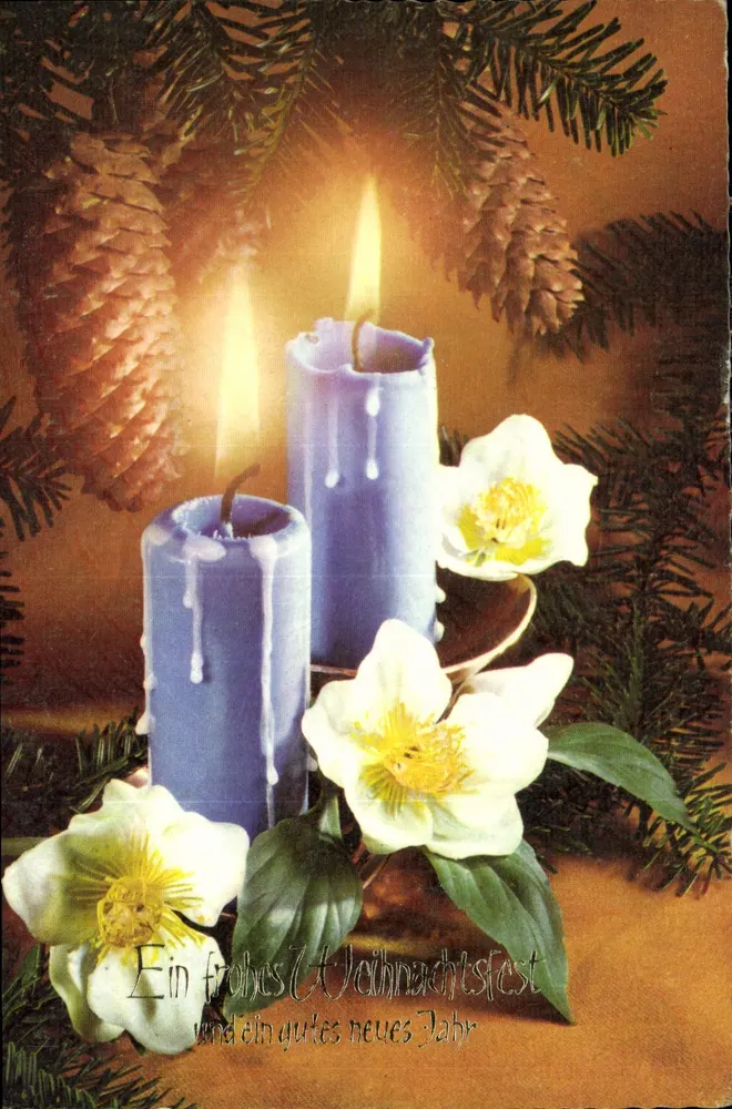 Candeeiro de Natal — duas velas violetas, cones de pinheiro e flores brancas — texto de boas-vindas em alemão - Frente