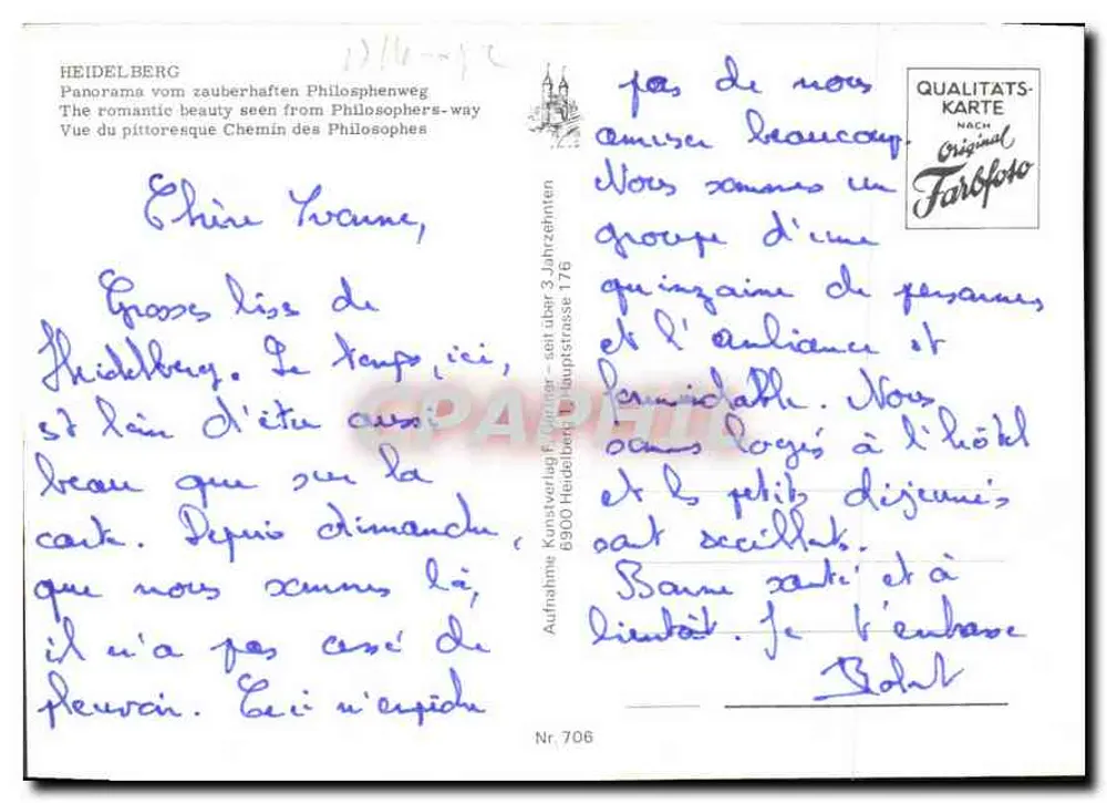 Heidelberg — Panoramablick vom Philosophenweg — Qualitätskarte Original Farbfoto, n° 706 - Rückseite