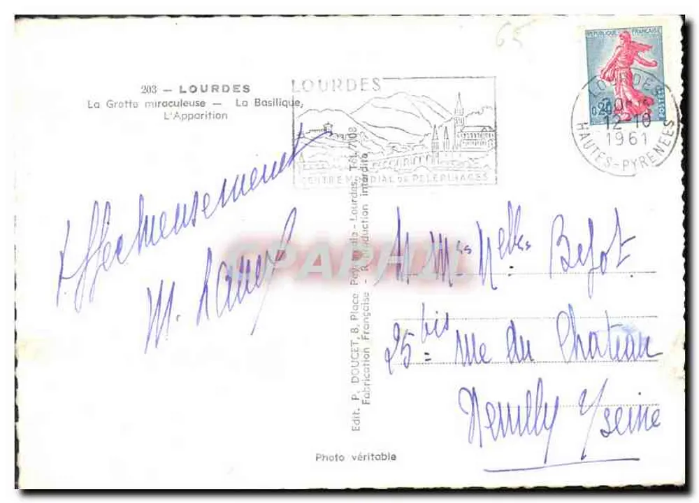 Lourdes — Lembrete de Lourdes — P. Doucet, editor - Verso