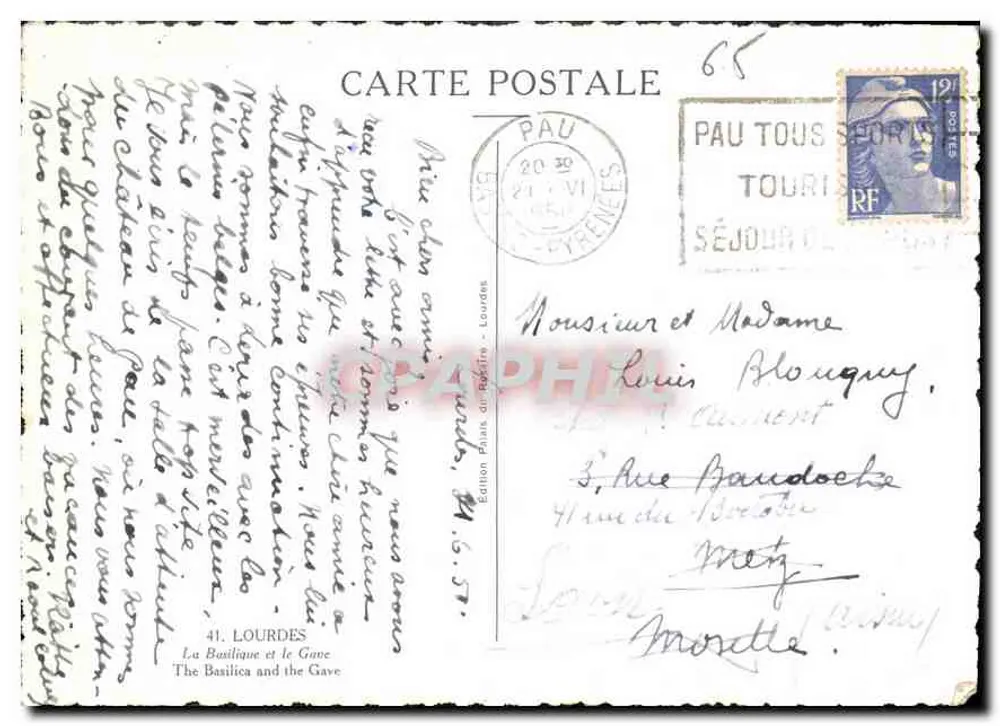 Lourdes — A Basílica e o Gave — Edição Pauls au Bétyre, n°41 - Verso