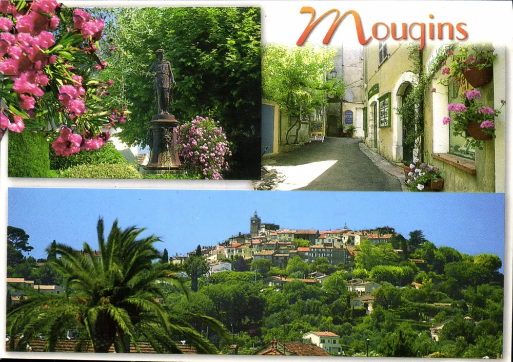 Mougins — Panoramablick, enge Straße und Statue — Photoguy Editions - Vorderseite