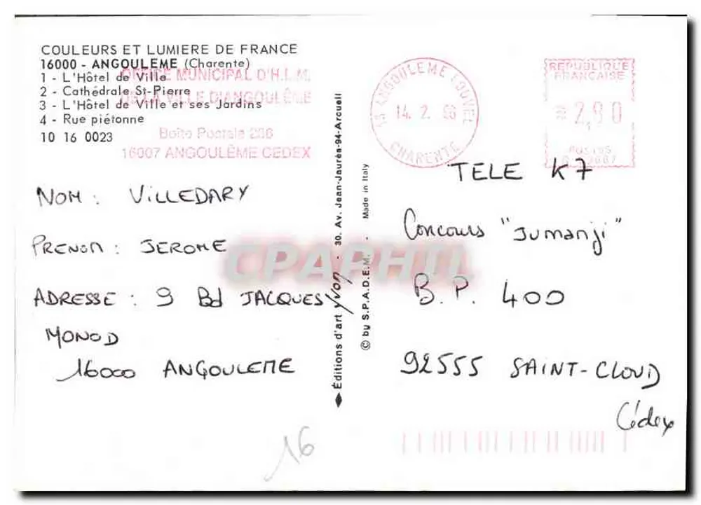 Angoulême — vista da cidade — Éditions d'art Yvon - Verso