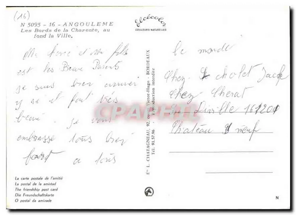 Die Ufer der Charente, im Hintergrund die Stadt — Schloss 92, Angoulême — Verlag L. Chatagneau, Bordeaux - Rückseite