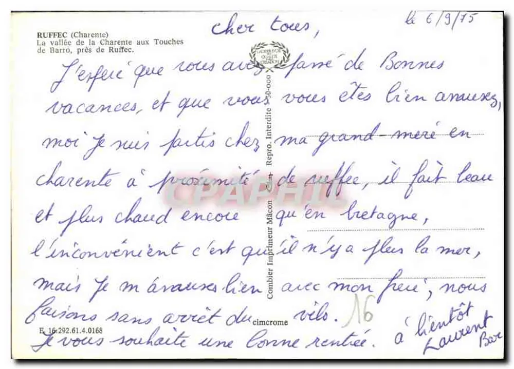 Die Schlucht der Charente, nahe Ruffec — Verlag Cinq, Nr. 16 - Rückseite