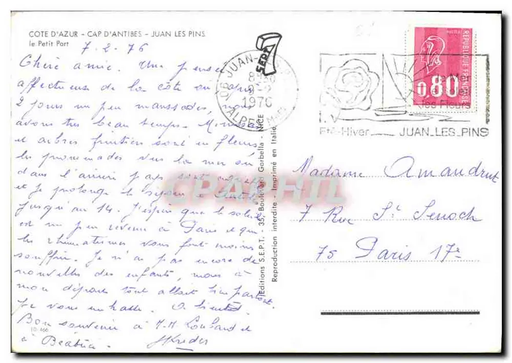 Cap d'Antibes - Juan-les-Pins — Der Kleine Hafen — Editions S.E.P.T. In Italien gedruckt - Rückseite