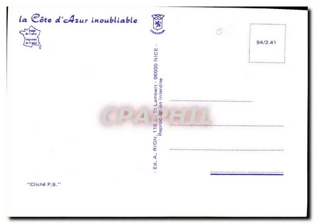 Côte d'Azur — pôr do sol com palmeiras — Éd. A. Rion, Nice - Verso