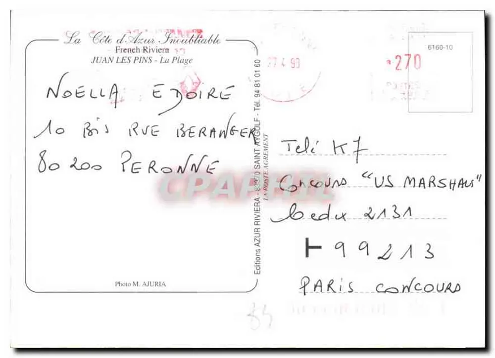 Juan Les Pins — praia e porto — Editions M. Ajuria, n° 6160-10 - Verso