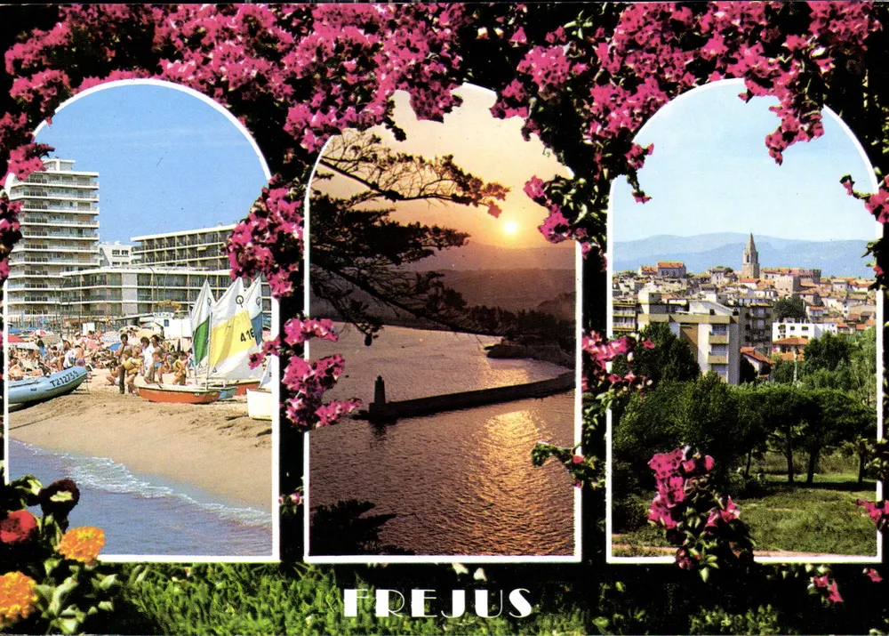 Frejus — vista tripartida sob arbustos de flores — editor desconhecido, número de série não visível - Frente