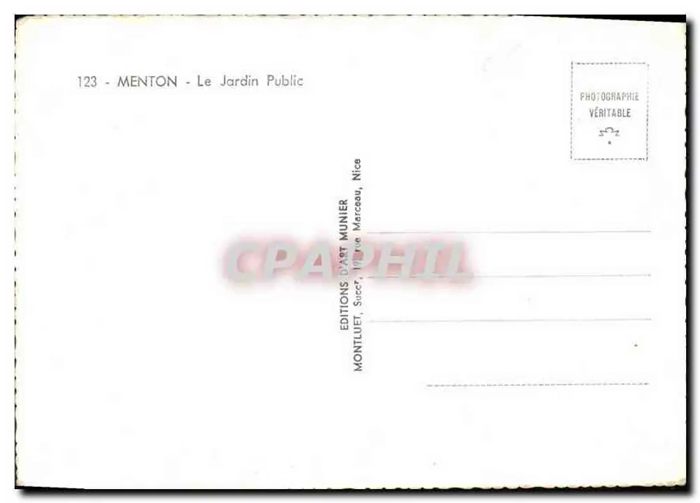 Menton - O Jardim Público — Éditions d'Art Munier, Nice - Verso