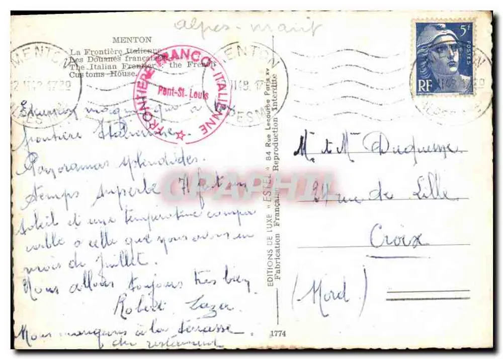 Gare du col de la Croix — Pont-St-Louis — Éditeur Estel n°1774 - Verso