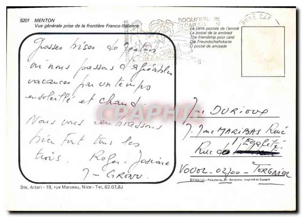 Menton — Allgemeiner Blick vom französisch-italienischen Grenzgebiet — FISA L.C. - Palauarias, 26 - In Spanien gedruckt - Rückseite