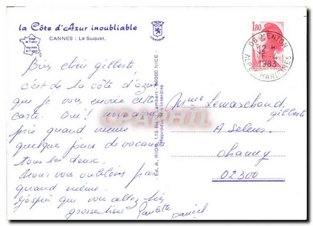 Cannes - O Suquet — vista com palmeiras e campanário — Éd. A. Riom, 115 Bd Gambart, Nice - Verso