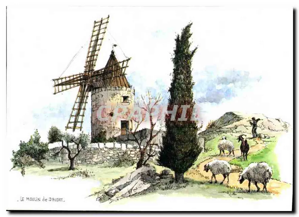 O Moulin de Daudet — aquarela original de Robert Lepine — Éditions Arcueil - Frente