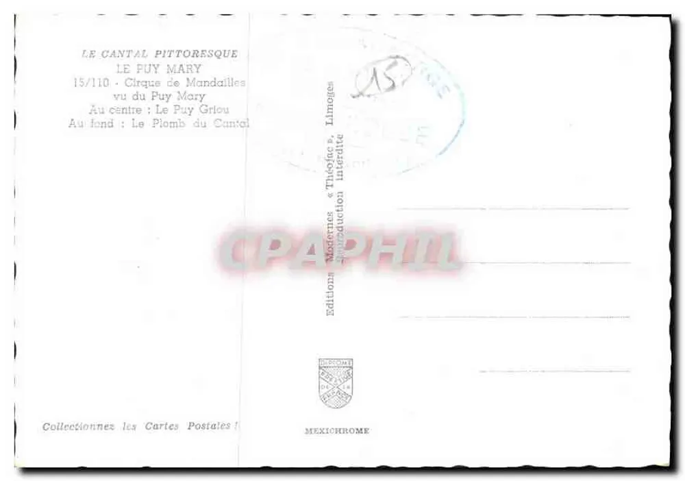 O Cantal pitoresco — O Puy Mary visto do Puy Griou — Edições Théophile em Limoges - Verso