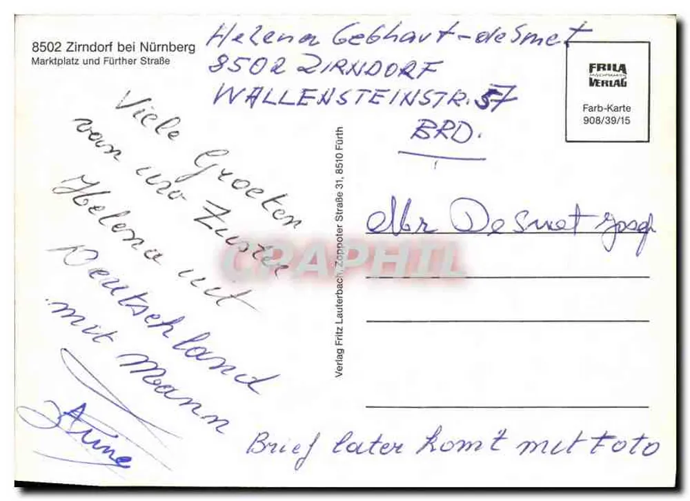 Marktplatz in Zirndorf — Straßenszene mit der Aufschrift 'Goldener Löwe' — Frila Verlag, Nr. 908/39/15 - Rückseite