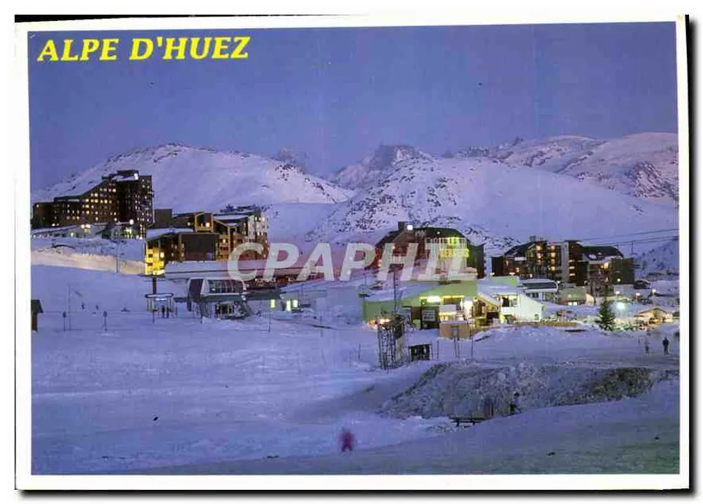 Alpe d'Huez — nächtliche Ansicht der Stationen und schneebedeckten Berge — - Vorderseite