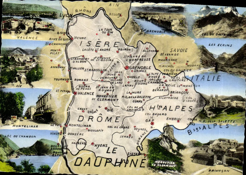 O Dauphiné — carta postal ilustrada com mapa e vignettes - Frente
