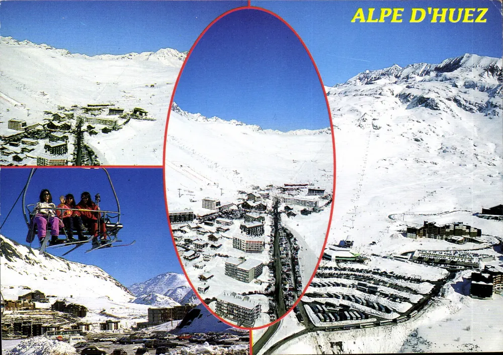 Alpe d'Huez — Panoramablick und Skifahrer auf der Seilbahn — Flash'Cartes Editions - Vorderseite