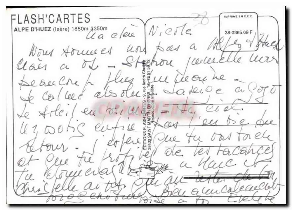 Alpe d'Huez — Panoramablick und Skifahrer auf der Seilbahn — Flash'Cartes Editions - Rückseite