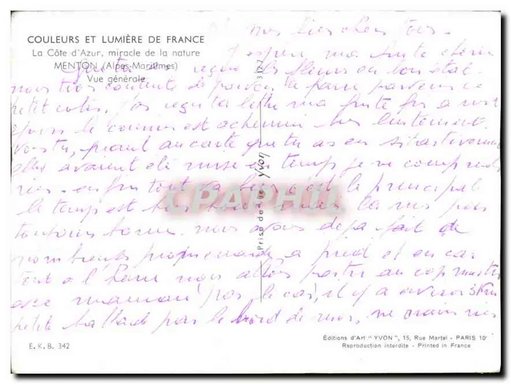 Menton (Alpes-Maritimes) — Allgemeine Ansicht — Éditions d'Art 'YVON' - Rückseite