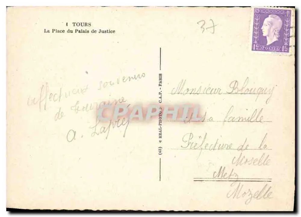 Tours — A Praça do Palácio de Justiça — editor Réal-Photo, C.A.P. Paris, n° (45) - Verso