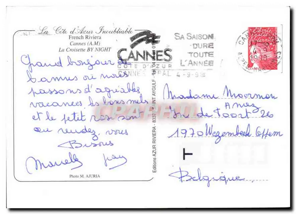 Cannes — Nachtaufnahme des Hafens — Editions AZUR RIVIERA - Rückseite