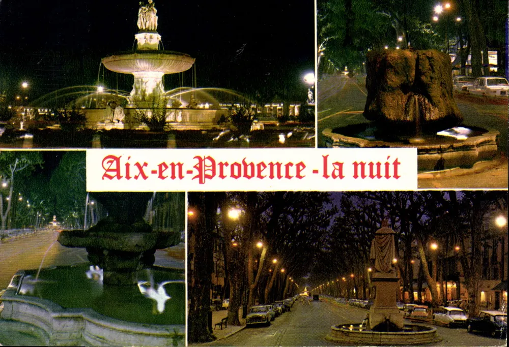 Aix-en-Provence - à noite — vista noturna de fontes e ruas — Éditions de France, n° 2041 - Frente