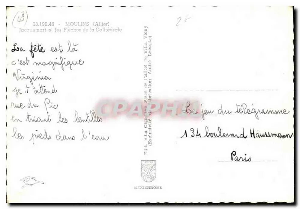Moulins (Allier) — Jacquemart und die Kirchtürme der Kathedrale — Verlag: La Chambre d'Amélioration André Laconte - Rückseite