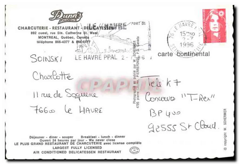 Dunn's Famous Delicatessen — Restaurant in Montreal — Verlag W. Schermer, Nr. 4795 - Rückseite