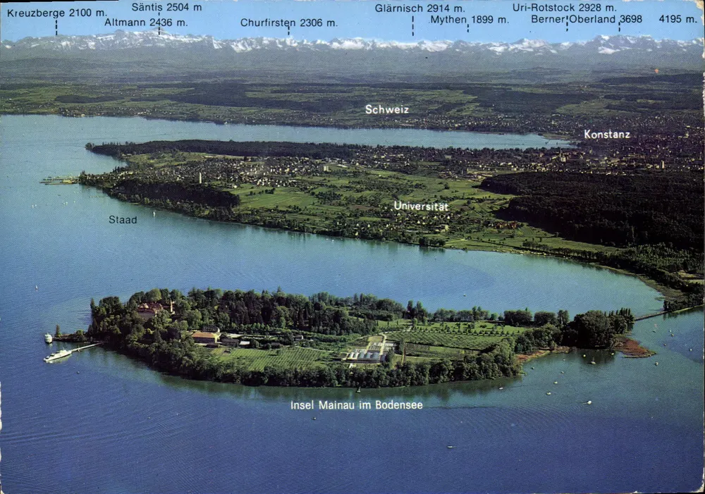 Insel Mainau im Bodensee — Ansicht von Staad, Konstanz und der Schweiz — Bodan Ansichtskartenverlag - Vorderseite