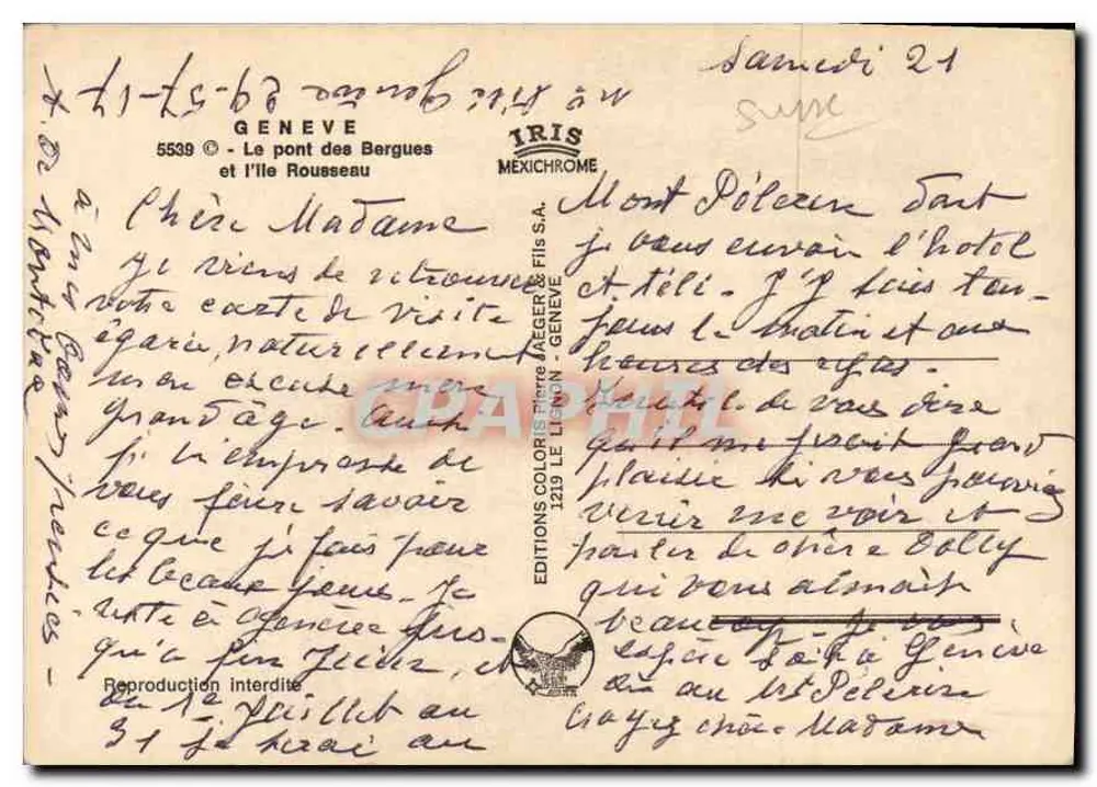 Genf — Der Pont des Bergues und die Île Rousseau — Éditions Coloris Pierre Jaeger & Fils S.A. - Rückseite