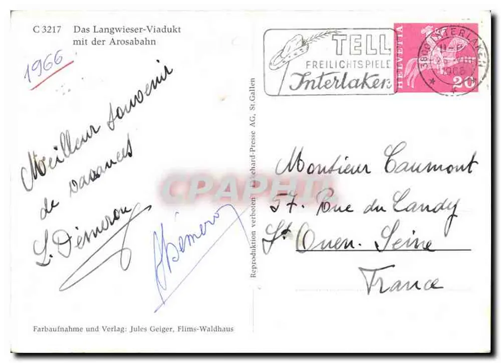 Viaduto de Langwieser — com a linha Arosa — editor Jules Geiger, Flims-Waldhaus, n° C 3217 - Verso